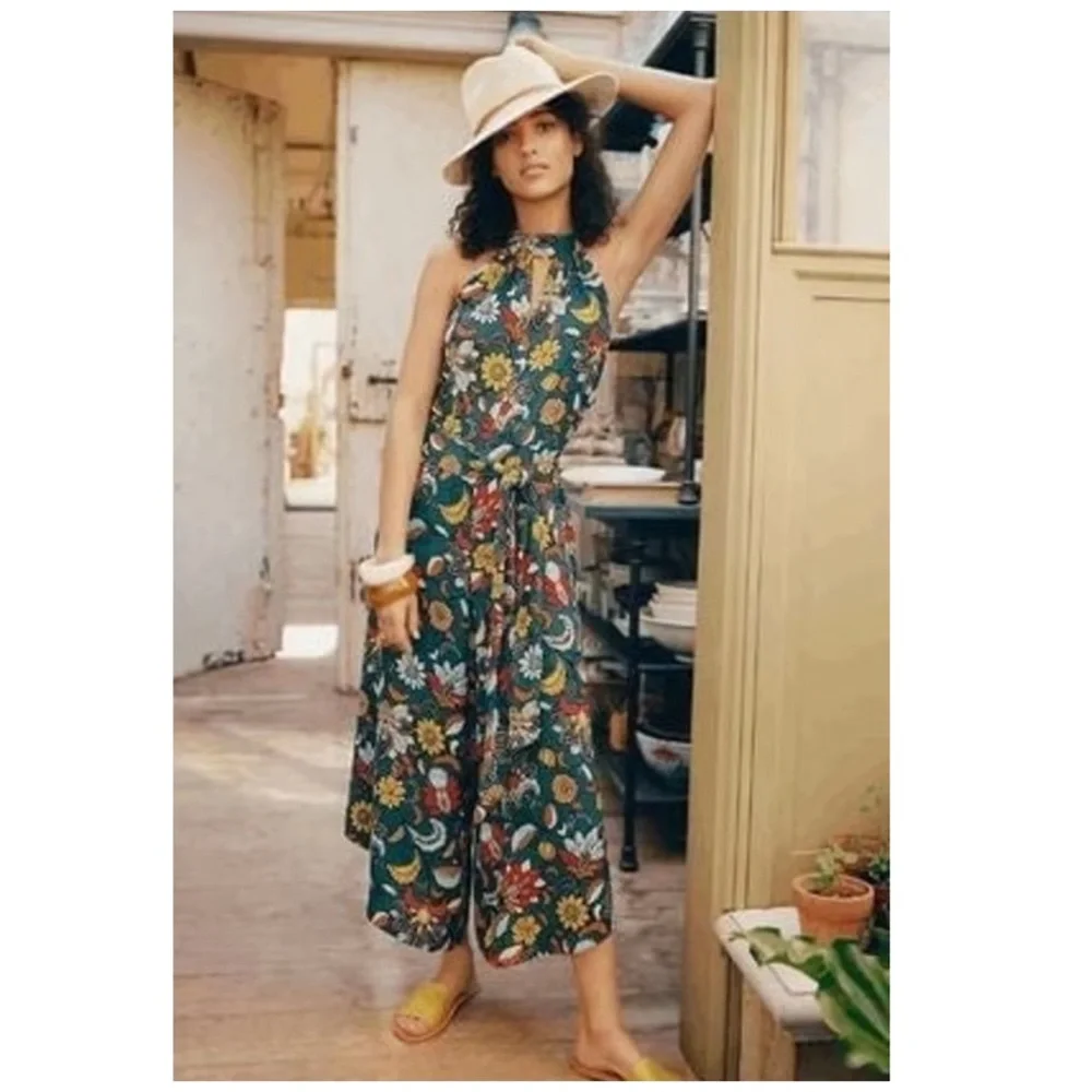 Anthropologie Geneva Halter Wide-Leg Jumpsuit Small Teal Green Floral Paisley - Picture 10 of 10